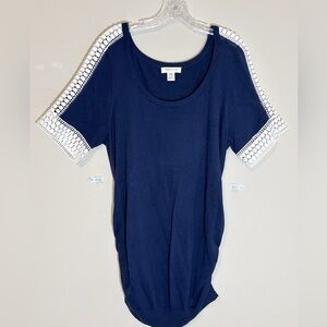 Motherhood Maternity Navy Blue Knit Top with White Lace and Side Ruching - XL